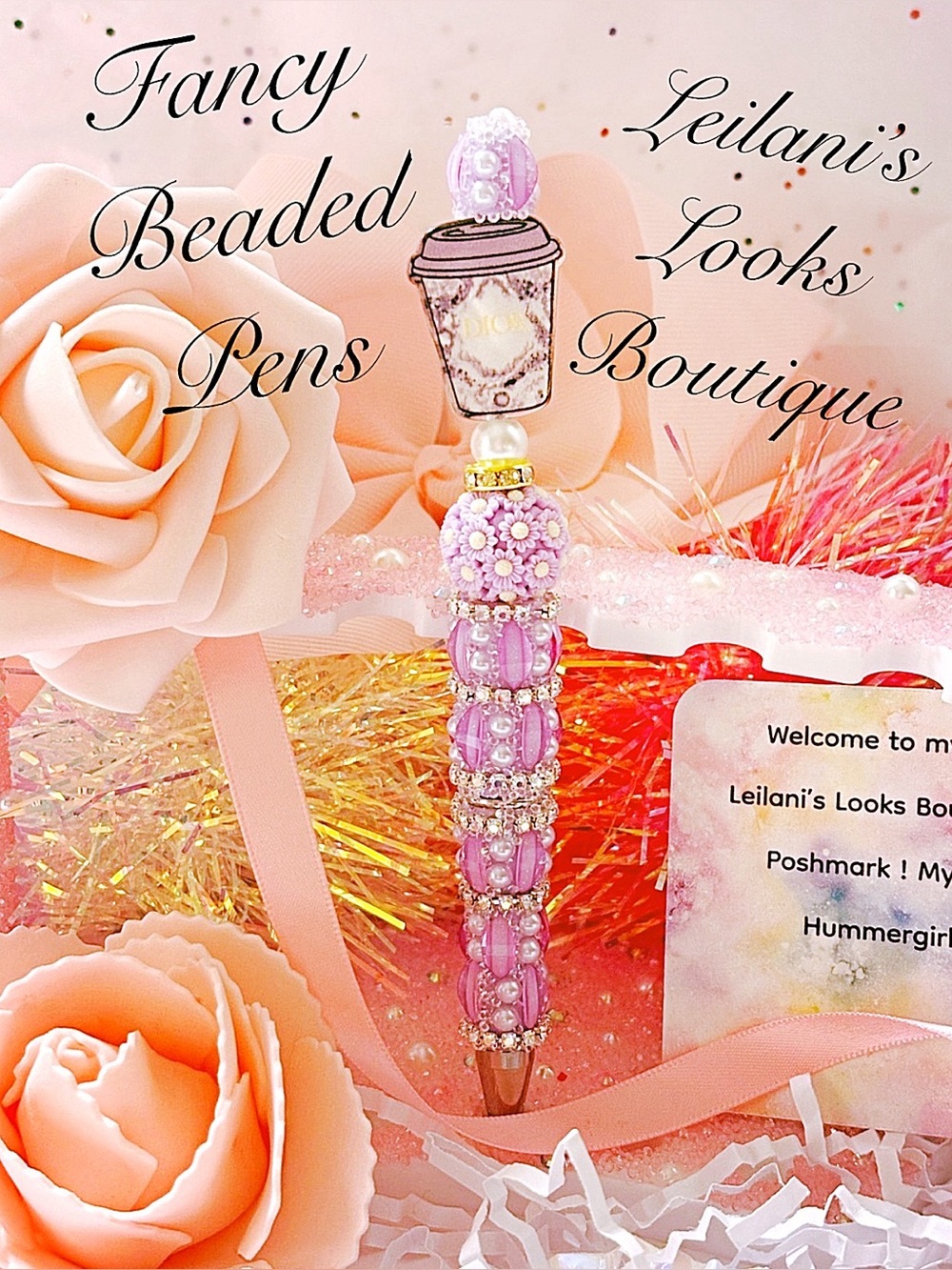 Fancy beaded pen/gifts/purple tea cup/purple flowers/